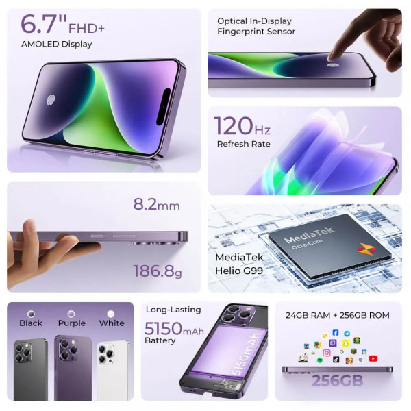 Смартфон Oukitel P1 6.7" HD /8GB/256GB/ G99 /5150mAh/ 50+32Мп / Purple
