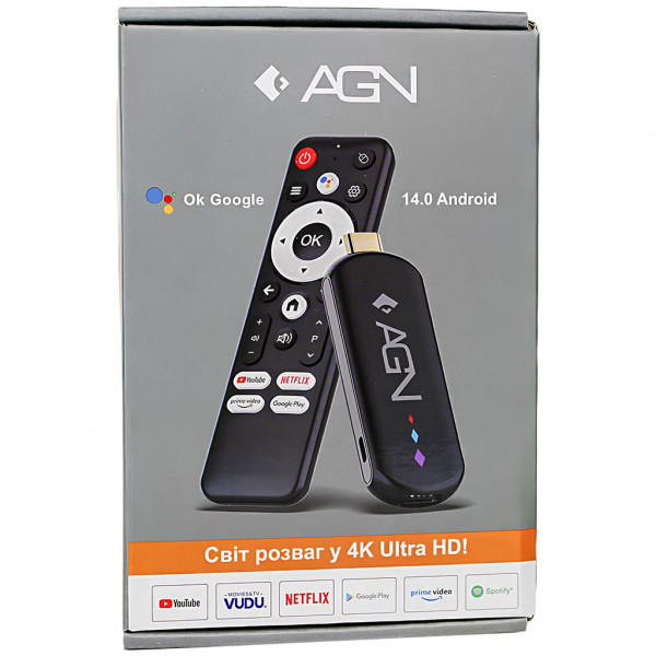 TV Медіаплеєр AGN Media Stick 2/16Gb/ Amlogic S905L3/ Android 14/ WiFi 2.4G+5G/ BT 5.4/ USB2.0/ чорн