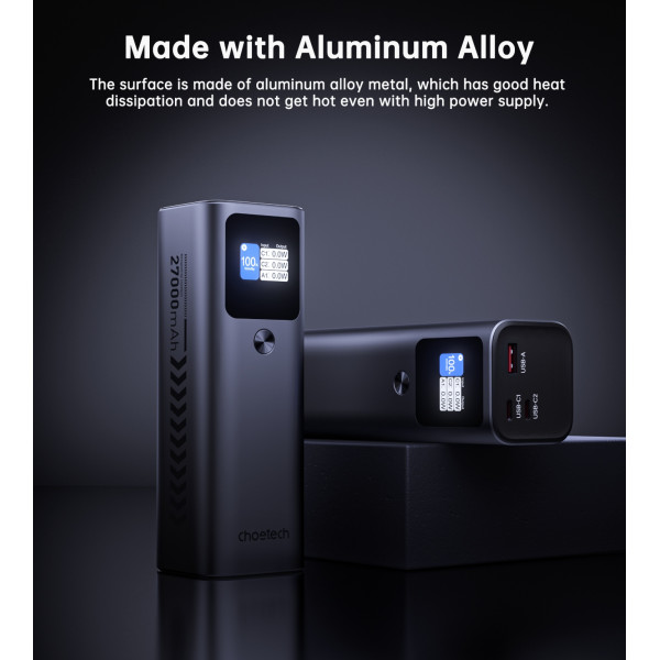 УМБ Choetech 27000mAh 140W PD5.0,QC3.0, USB-A, 2xUSB-C In/Out, TFT Display, black