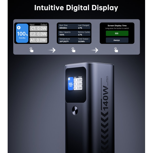 УМБ Choetech 27000mAh 140W PD5.0,QC3.0, USB-A, 2xUSB-C In/Out, TFT Display, black