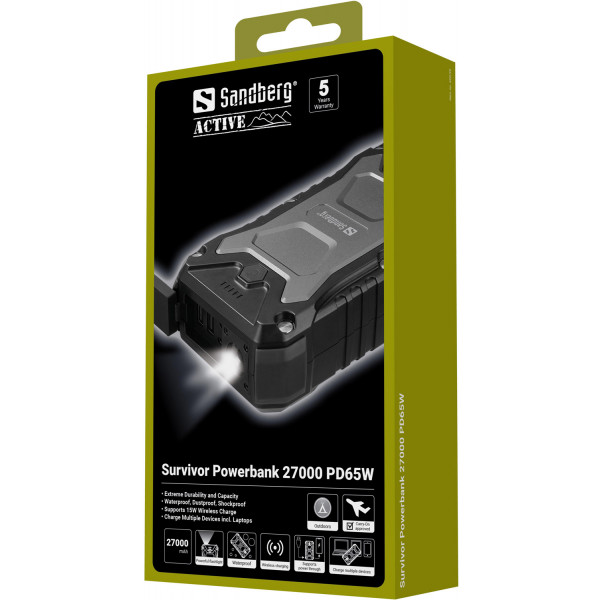 УМБ Sandberg Survivor 27000mAh PD65W, IP67,LED Torch,2xUSB-А 18W,USB-С 65W,QI-15W,UPS mode