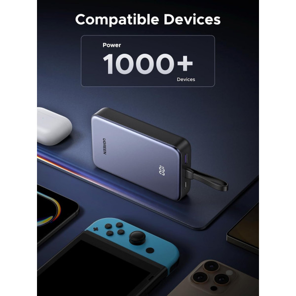 УМБ Ugreen 20000mAh 20W PD3.0/QC3.0, USB-A,USB-С IN/OUT, with build Type-C cable (PB505) Gray