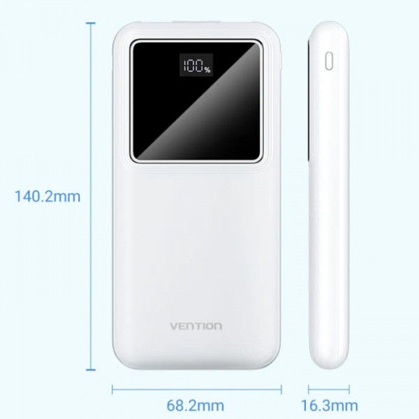 УМБ Vention 10000mAh 22.5W 3A PD,QC3.0, Micro-USB,USB-C,2xUSB-A, LED Display,White