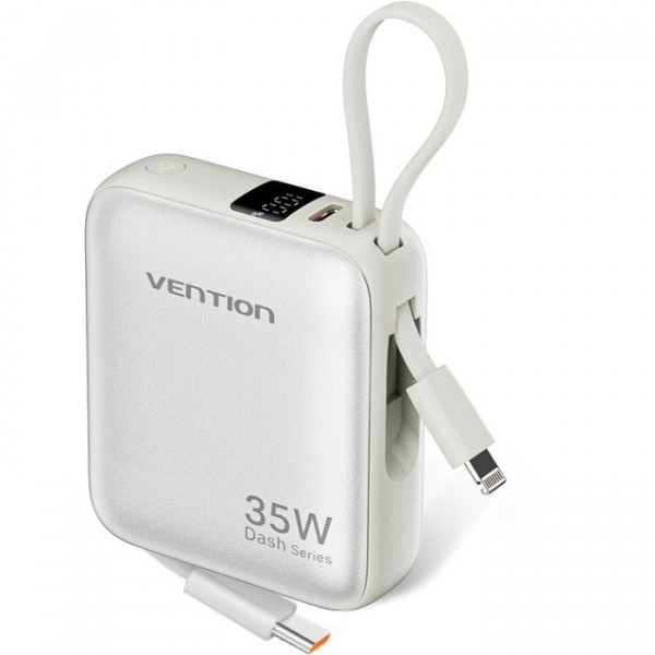УМБ Vention 10000mAh 35W PD, USB-C In/Out, built-in USB-C, Lightning Cables, LED Display, Beige