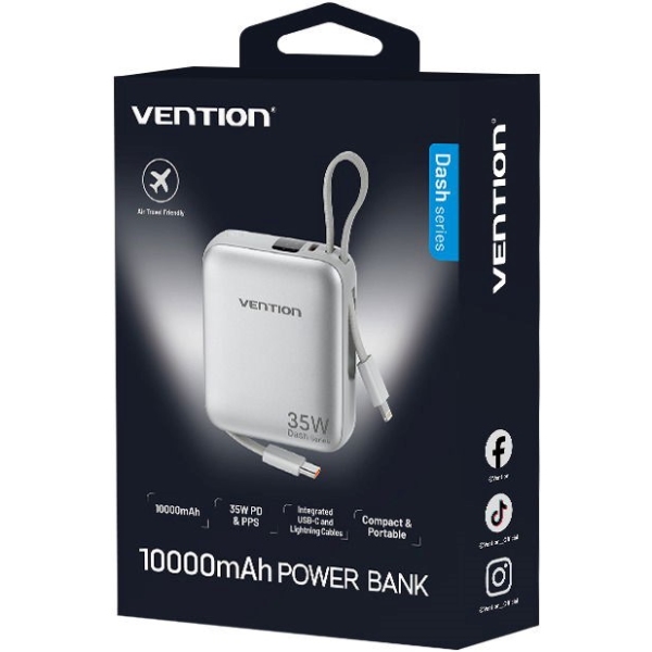 УМБ Vention 10000mAh 35W PD, USB-C In/Out, built-in USB-C, Lightning Cables, LED Display, Beige