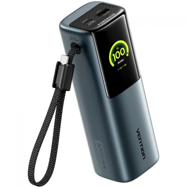 УМБ Vention 20000mAh 165W PD3.1, USB-A, USB-C In/Out, with Built-in USB-C cable, TFT Display, Gray