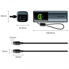 УМБ Vention 20000mAh 165W PD3.1, USB-A, USB-C In/Out, with Built-in USB-C cable, TFT Display, Gray