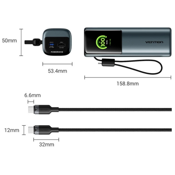 УМБ Vention 20000mAh 165W PD3.1, USB-A, USB-C In/Out, with Built-in USB-C cable, TFT Display, Gray