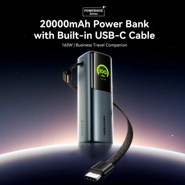 УМБ Vention 20000mAh 165W PD3.1, USB-A, USB-C In/Out, with Built-in USB-C cable, TFT Display, Gray