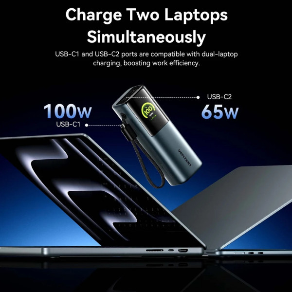УМБ Vention 20000mAh 165W PD3.1, USB-A, USB-C In/Out, with Built-in USB-C cable, TFT Display, Gray