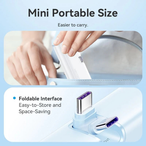 УМБ Vention 4800mAh 22,5W PD, USB-C In/Out, LED display, with built-in USB-C cable Blue