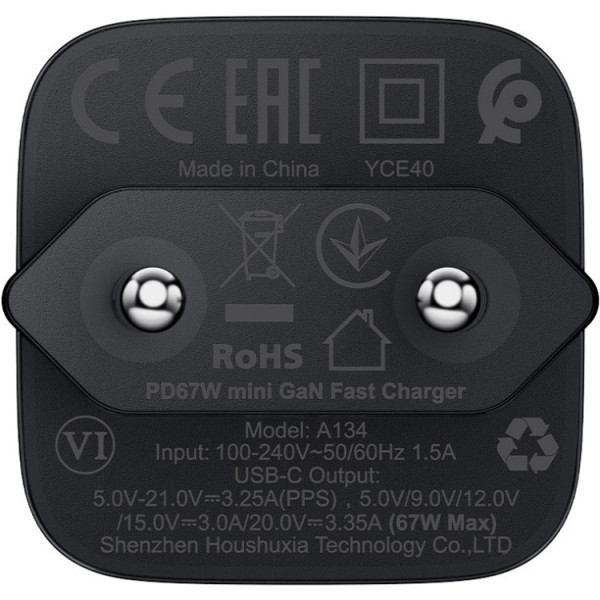 Зарядний пристрій 1xUSB-C 67W Gan A134 Fast Charger Black Acefast