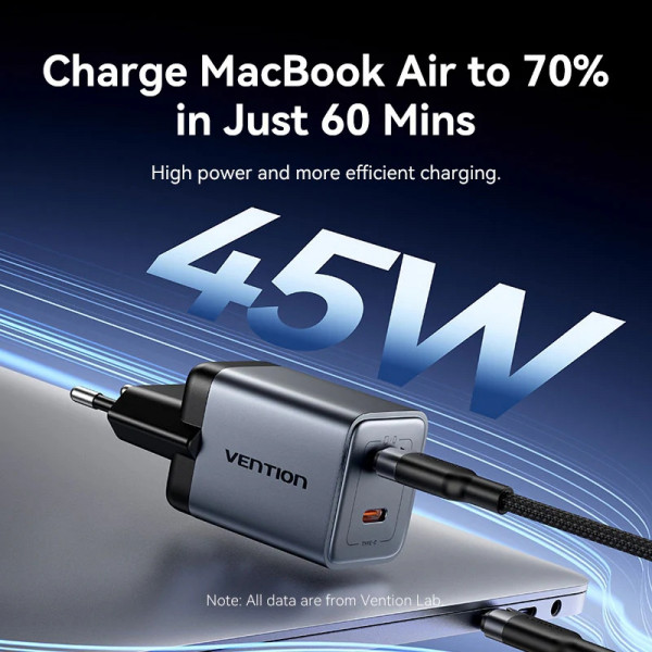 Зарядний пристрій 2xUSB 45W (2xUSB-C) PD3.0 QC, GaN + USB-C cable М-М чорний Vention
