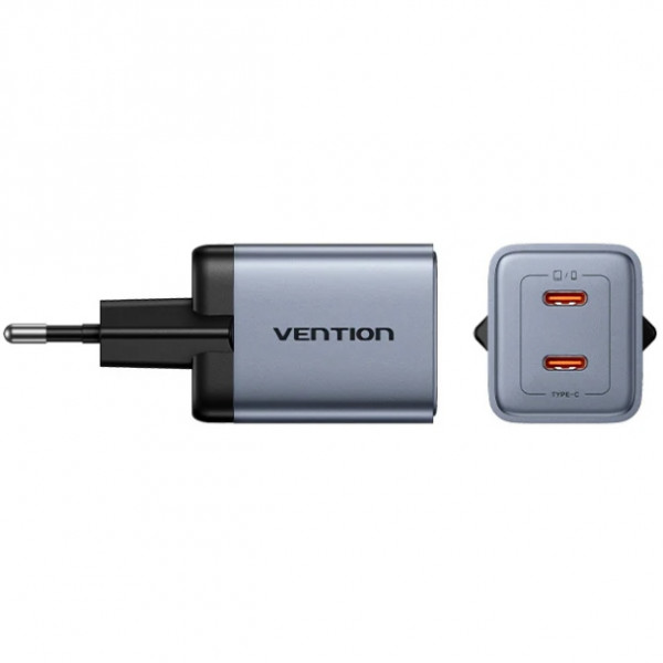 Зарядний пристрій 2xUSB 45W (2xUSB-C) PD3.0 QC, GaN + USB-C cable М-М чорний Vention