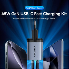 Зарядний пристрій 2xUSB 45W (2xUSB-C) PD3.0 QC, GaN + USB-C cable М-М чорний Vention