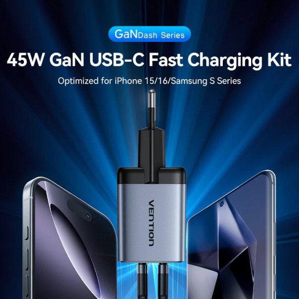Зарядний пристрій 2xUSB 45W (2xUSB-C) PD3.0 QC, GaN + USB-C cable М-М чорний Vention