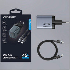 Зарядний пристрій 2xUSB 45W (2xUSB-C) PD3.0 QC, GaN + USB-C cable М-М чорний Vention