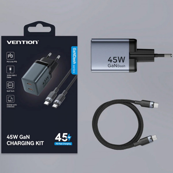 Зарядний пристрій 2xUSB 45W (2xUSB-C) PD3.0 QC, GaN + USB-C cable М-М чорний Vention