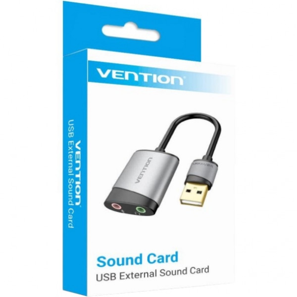 Звукова карта USB AUX jack, 2*TRRS (Mic + Ear) 0.15м, Metal Type, Vention сіра