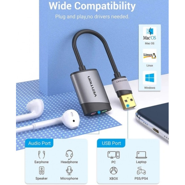 Звукова карта USB AUX jack, 2*TRRS (Mic + Ear) 0.15м, Metal Type, Vention сіра