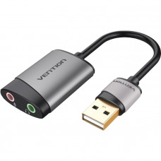 Звукова карта USB AUX jack, 2*TRRS (Mic + Ear) 0.15м, Metal Type, Vention сіра