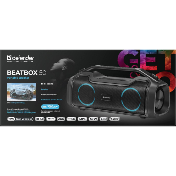 Акустична система 1.0 Defender Beatbox 50, 50W, Bluetooth/RGB/TF/TypeC/IPX5/PWB чорна