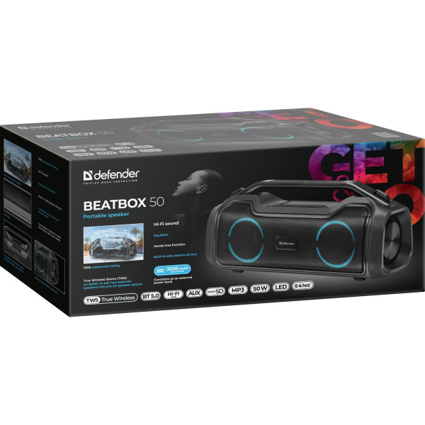 Акустична система 1.0 Defender Beatbox 50, 50W, Bluetooth/RGB/TF/TypeC/IPX5/PWB чорна