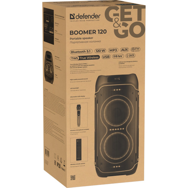 Акустична система 2.0 Defender Boomer 120, 120Вт BT/FM/TF/USB/MIC/LED, чорна