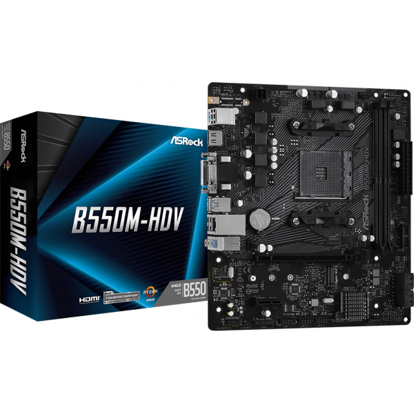 ASRock B550M-HDV (AM4/B550, 2*DDR4, PCIex16, DVI/HDMI/VGA, 4xSATAІІІ, M.2, GLan, 7.1ch, mATX)
