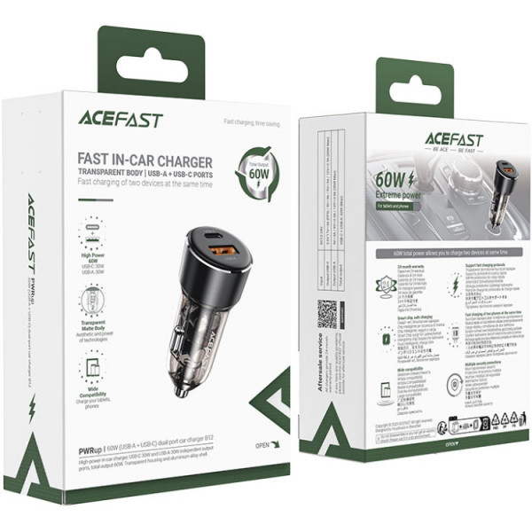 Автозарядка 2xUSB 60W (USB-C + USB-A) B12 Acefast