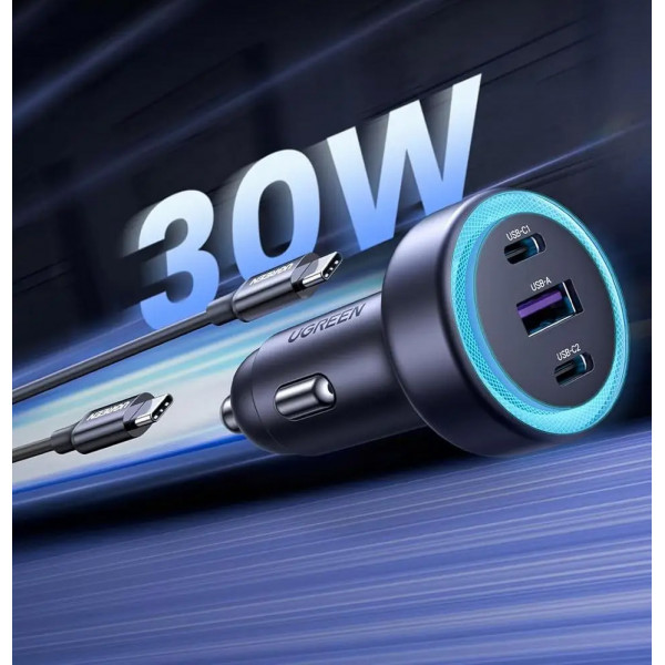 Автозарядка 3xUSB 30W (2xUSB-C + USB-A) QC 4.0 Сіра (EC307) UGREEN