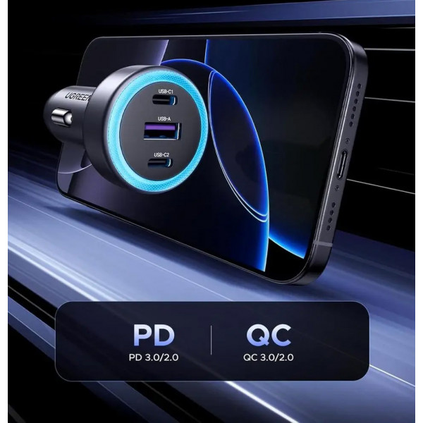 Автозарядка 3xUSB 30W (2xUSB-C + USB-A) QC 4.0 Сіра (EC307) UGREEN