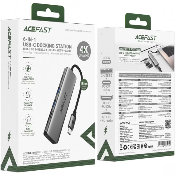 Док-станція USB3.0 Type-C -> HDMI4K@60Hz/2xUSB-A 3.0/TF/SD/USB-C 90W Hub 6-in-1 J18 Acefast