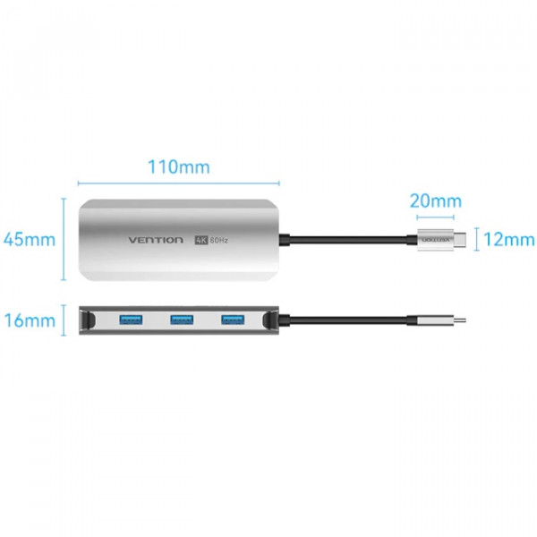 Док-станція USB3.1 Type-C -> HDMI 4K60Hz/USB 3.0x3/PD 100W 5-in-1 Vention