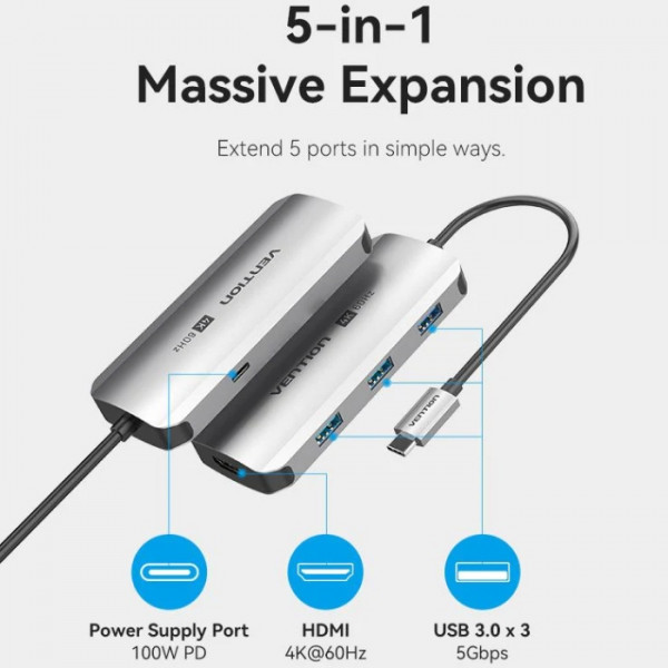 Док-станція USB3.1 Type-C -> HDMI 4K60Hz/USB 3.0x3/PD 100W 5-in-1 Vention