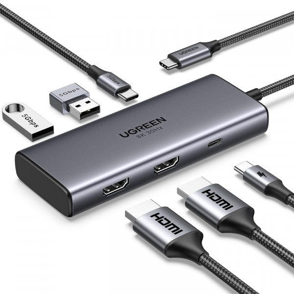 Док-станція USB3.1 Type-C -> HDMIx2,4K60Hz(8k30Hz)/USB3.0x2/Type-C/PD 100W CM498 6in1 Ugreen