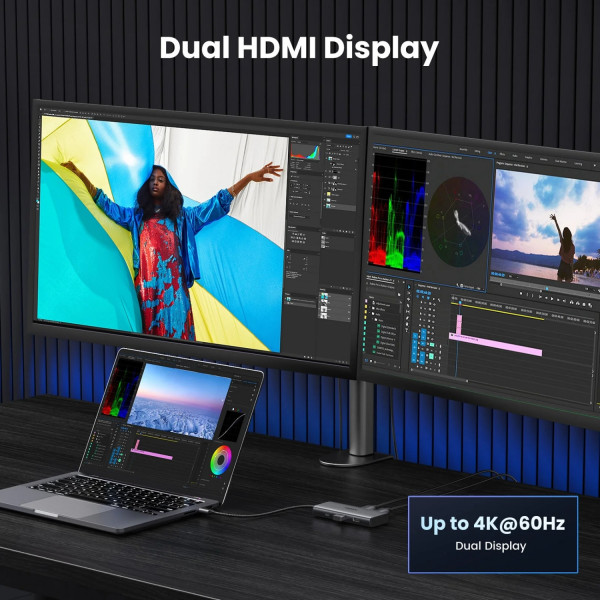 Док-станція USB3.1 Type-C -> HDMIx2,4K60Hz(8k30Hz)/USB3.0x2/Type-C/PD 100W CM498 6in1 Ugreen