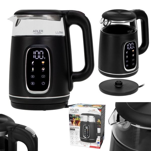 Електрочайник Adler AD 1305 black silver 1850-2200Вт/ 1.7л/ скло/ встановлення температури/
