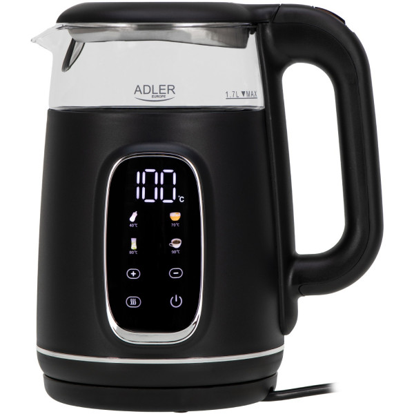 Електрочайник Adler AD 1305 black silver 1850-2200Вт/ 1.7л/ скло/ встановлення температури/