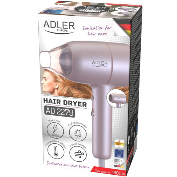 Фен Adler AD 2279p pink 1800Вт/ 2 швидкості/ хол.обдув/ темп.режимів-2/іонізація/ насадки - 1 шт.