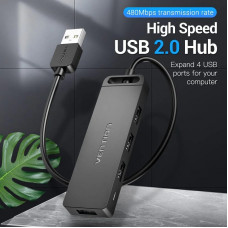 Хаб USB 2.0 -> 4xUSB 2.0, 0.15м, Black Vention