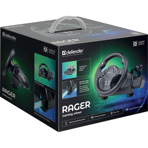 Ігрове кермо з двома педалями Defender Rager PC/PS/Xbox/Switch, чорне