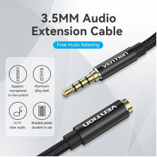 Кабель AUX Audio TRS M/F 5.0м Gold-Plated, нейлонове обплетення, чорний Vention