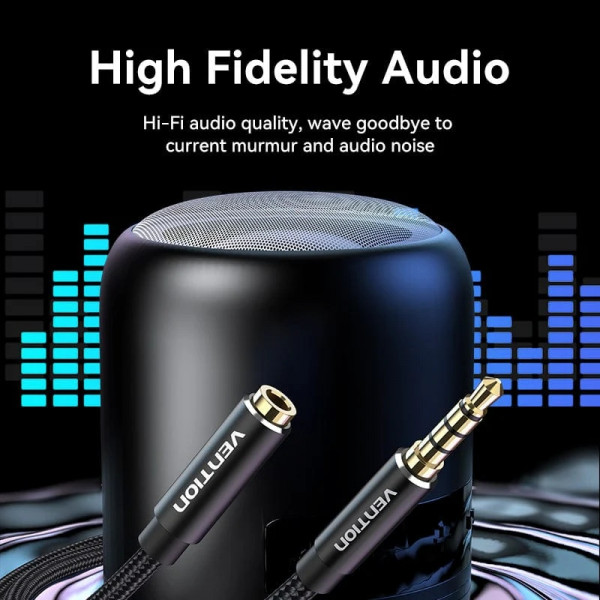 Кабель AUX Audio TRS M/F 5.0м Gold-Plated, нейлонове обплетення, чорний Vention