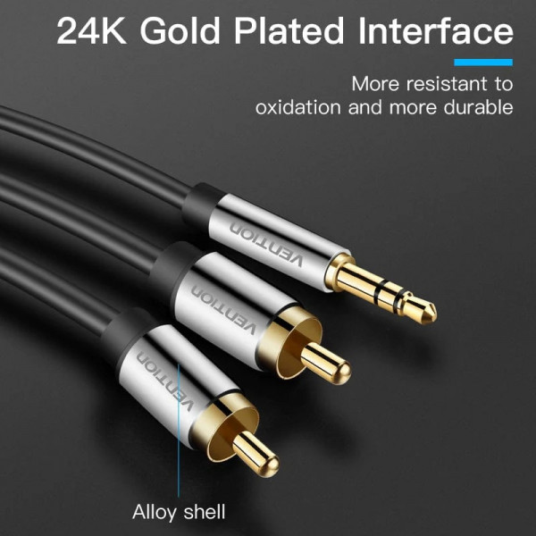 Кабель AUX Audio TRS - RCAx2 M/M 10.0м, PVC, Aluminum alloy, Gold-Plated, чорний, Vention