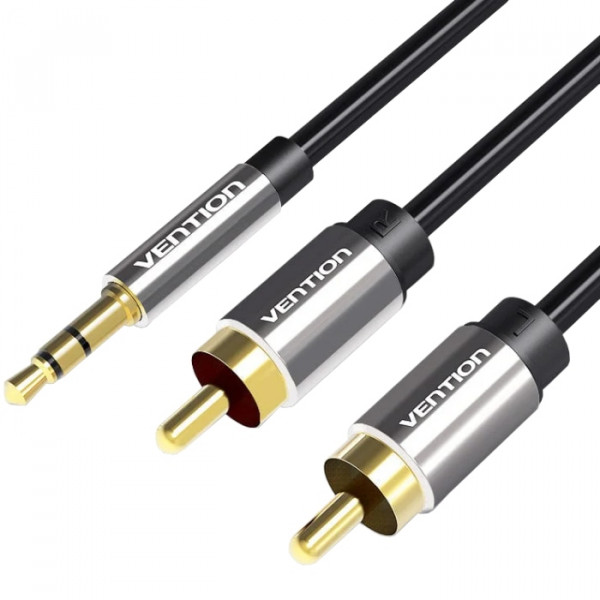 Кабель AUX Audio TRS - RCAx2 M/M 10.0м, PVC, Aluminum alloy, Gold-Plated, чорний, Vention