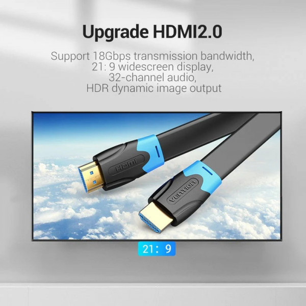 Кабель HDMI M - M, 2.0м, V2.0, 4K 60Гц, PVC Flat Design, Black, Vention