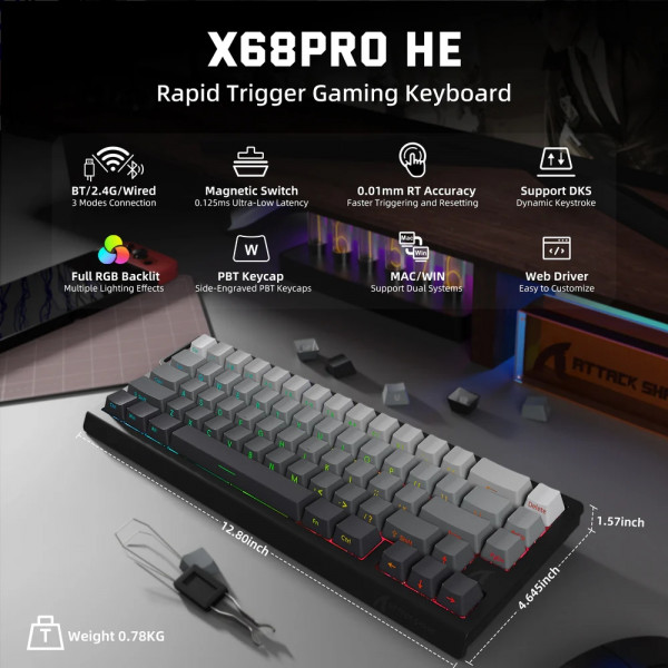 Клавіатура ігрова магнітна Attack Shark X68 Pro HE 66кл. RGB, Wireless, Moonlit Night