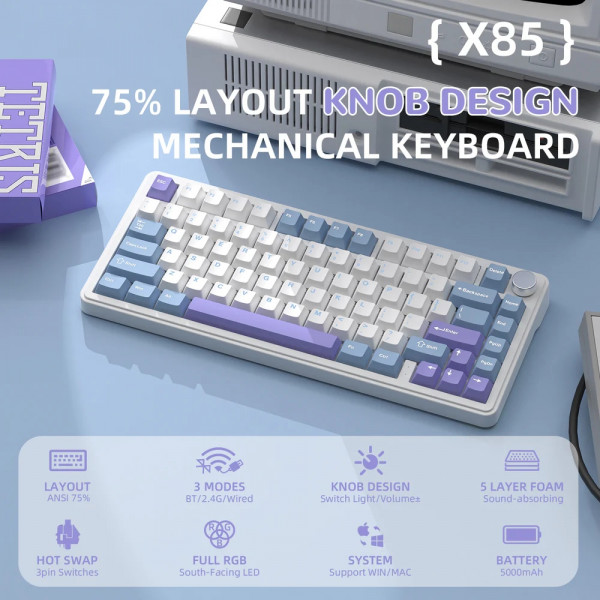 Клавіатура ігрова механічна Attack Shark X85 82кл.RGB,Wireless,White Jade перемикачі,Starlight White