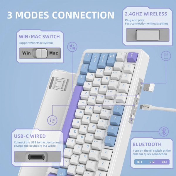 Клавіатура ігрова механічна Attack Shark X85 82кл.RGB,Wireless,White Jade перемикачі,Starlight White